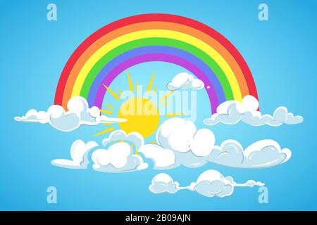 Vector sun, rainbow and clouds blue sky. Illustration of nature summer background Stock Vector