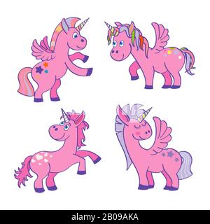 Set of vector pink unicorns white background. Cartoon animal illustration Stock Vector