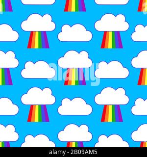 Blue sky with rainbows and clouds seamless pattern. Background weather after rain. Vector illustration Stock Vector