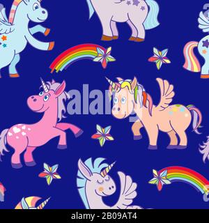 Vector hand drawn unicorns seamless pattern rich blue sky. Funny fairytale pony illustration Stock Vector