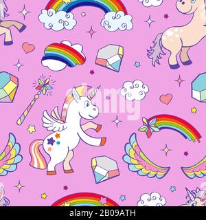 Pink vector hand drawn unicorns seamless pattern. Children fantasy background illustration Stock Vector