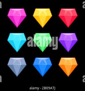 Colorful vector diamonds isolated over black, game elements. Collection of gem for interface game illustration Stock Vector