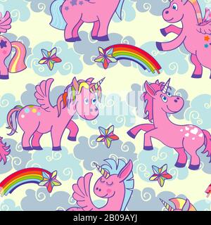 Pastel colored vector hand drawn unicorns seamless pattern. Magic design background illustration Stock Vector