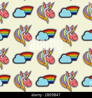 Vector patch unicorns and rainbows seamless pattern. Background with color pony illustration Stock Vector