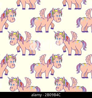 Pastel colored hand drawn unicorns seamless pattern. Magic pony with horn illustration Stock Vector