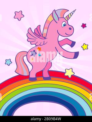 Hand drawn pink unicorn dancing on a rainbow. Animal fantasy to birthday party. Vector illustration Stock Vector