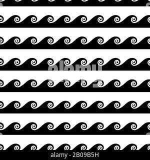 Vector waves seamless pattern in black and white. Monochrome sea background illustration Stock Vector