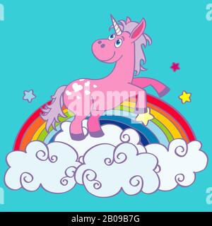 Vector hand drawn unicorn dancing on a rainbow. Fairy animal illustration Stock Vector