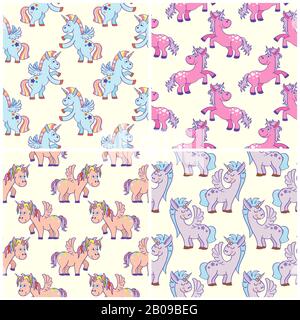 Vector hand drawn unicorns seamless patterns set. Background magic animals illustration Stock Vector