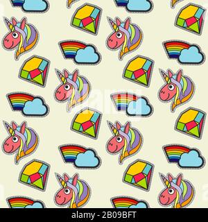 Vector patch unicorns and rainbows seamless pattern. Comic fun elements illustration Stock Vector