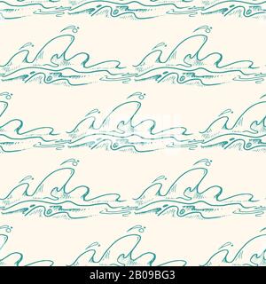 Green hand drawn waves vector seamless pattern. Background with sea wave illustration Stock Vector