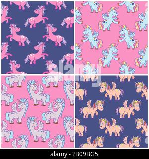 Vector hand drawn unicorns seamless patterns set. Illustration of pattern with fairy animals Stock Vector