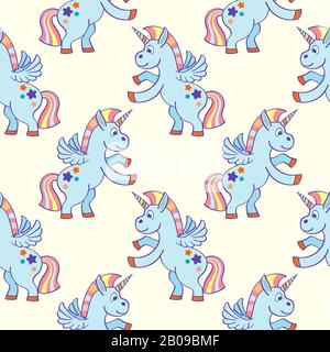 Pastel colored hand drawn unicorns seamless pattern. Background fantasy sketch illustration Stock Vector