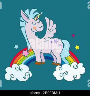 Hand drawn winged unicorn standing on rainbow isolated. Vector illustration Stock Vector