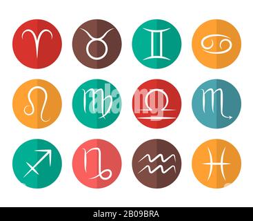 Set of vector Zodiac signs flat icons white background. Symbol of zodiac illustration Stock Vector