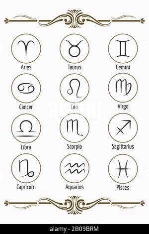 Set of vector Zodiac signs and ornate borders white background illustration Stock Vector
