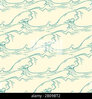 Green hand drawn waves vector seamless pattern. Line ocean background illustration Stock Vector