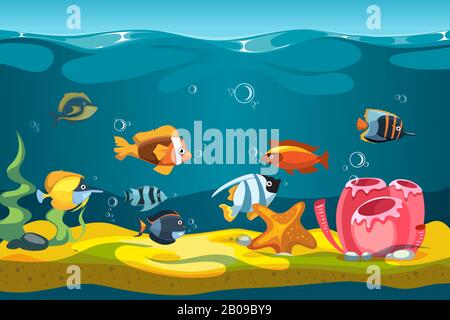 Underwater sea with fishes and rocks vector background for mobile phone game. Interface game with character colored fish illustration Stock Vector