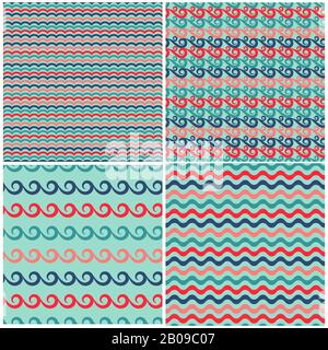 Set of swils and waves seamless patterns in retro colors. Illustration of collection backgrounds Stock Vector