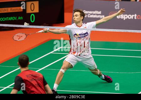 Barcelona, Spain. 19th Feb, 2020. Barcelona Spain Master 2020 - Day 2; Rasmus Gemke of Denmark competes in the Men's Singles qualification Round 1 match against Artem Pochtarov of Ukraine on day two of the Barcelona Spain Master at Vall d'Hebron Olympic Sports Centre on February 19, 2020 in Barcelona, Spain. Credit: Dax Images/Alamy Live News Stock Photo