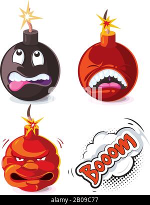 Vector cartoon bomb explosion effect animation frames for game. Bomb with wick, animation explosion power bomb illustration Stock Vector