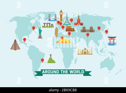 Travel landmarks on world map vector illustration. World monuments of architecture stonehenge and kremlin, international set of famous monuments Stock Vector