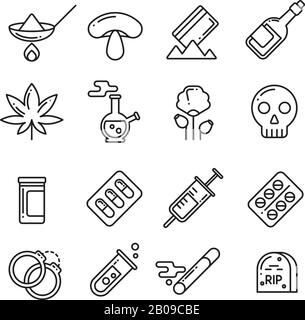 Drugs, heroin, alcohol, smoking addiction thin line vector icons. Marijuana and drugs in syringe, mushroom and cocaine drug illustration Stock Vector