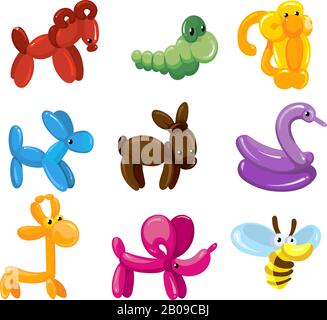Vector balloon animals toys decoration for kids party. Balloon animal of set. Illustration of helium ballon to birthday decoration Stock Vector