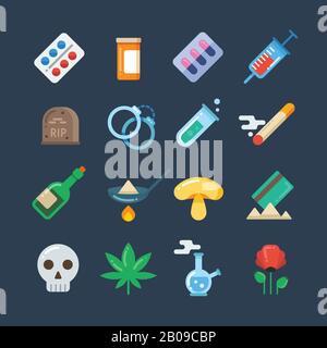 Illegal drug tablets, alcohol addiction, methamphetamine abuse vector flat icons. Set of drugs heroin and smoking, illustration of hallucinogenic mushroom and collection of drug Stock Vector