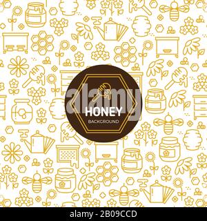 Honey wrapping vector background with bees and honeycombs symbols. Pattern with honey and elements for collecting honey illustration Stock Vector