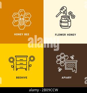 Nature honey, bees honeycomb vector logos. Sweet honey logo, honey comb hexagon illustration Stock Vector