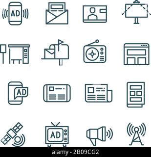 Advertising, media advertise, advertisement internet channels vector icons. Distribution of advertising with use radio, internet and newspaper illustration Stock Vector