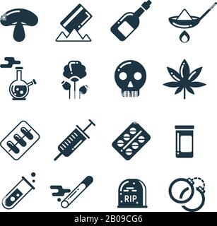 Drugs, alcohol, pills, tablet, narcotic abuse vector icons. Cocaine and marijuana, addiction to drugs heroin and cocaine illustration Stock Vector