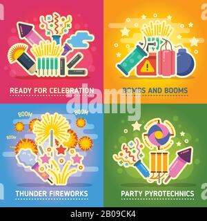 Crackers, fire show, holiday party, pyrotechnics festival vector concepts. Festival with salute, set of banner party and firework illustration Stock Vector