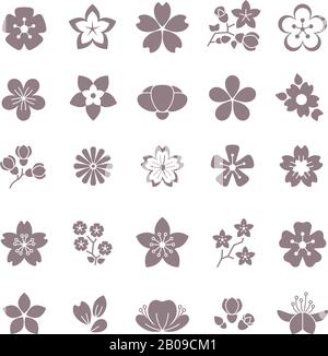 Simple flower, floral graphic vector icons set. Silhouette of flowers, illustration blossom flower Stock Vector