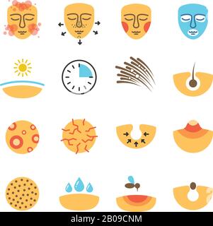 Skin, face problems, acne treatment, skin protect vector icons. Problem with skin icons Stock Vector