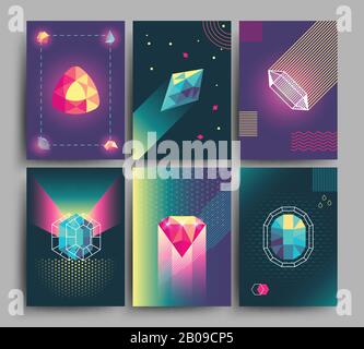 Retro trendy vector hipster posters, 3d card with crystals, abstract geometric shapes. Banner with color crystal, bright and shiny polygon crystal stone illustration Stock Vector