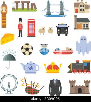 England, british, uk vector landmarks set. British tower and big ben, set of elements of british culture illustration Stock Vector