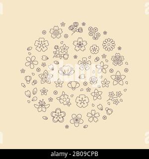 Blossom flower thin line icons in circle design. trendy vector logo. Floral badge with linear flower illustration Stock Vector
