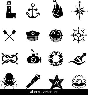 Marine, sea, nautical, pirate, maritime vector retro icons. Black white marine symbols illustration Stock Vector