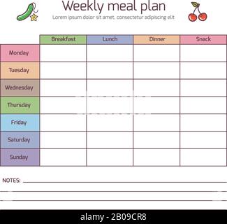 Weekly meal plan, mealtime vector diary. Meals schedule, week food template vector illustration Stock Vector