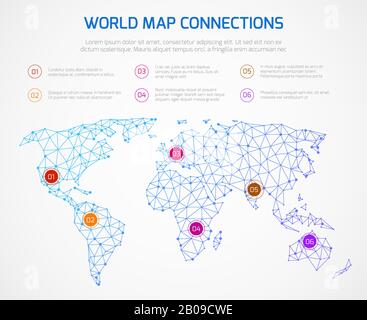 World map vector infographics template with internet connections. Map with connect point, space network world map illustration Stock Vector