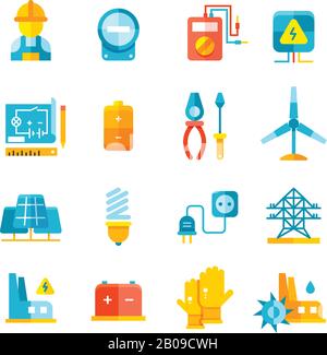 Electricity, electric meter, electrical equipment flat vector icons. Electric industrial and alternative electric power illustration Stock Vector