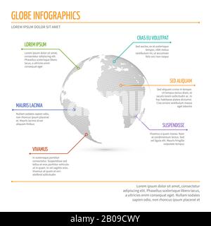 Global network connection, international meaning vector infographics with 3d dotted world globe. Business info banner with world globe illustration Stock Vector