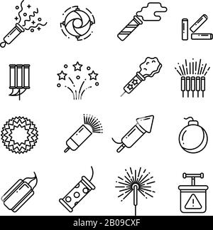 Festival dynamite, party fireworks, festive spark, holiday pyrotechnic line vector icons. Set of pyrotechnic icon line style, illustration of dynamite, rocket and detonator Stock Vector