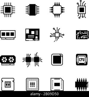 Computer electronic chips, motherboard, hardware processor vector. Set of computer processor icons, illustration of chip processor Stock Vector