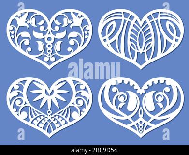 Lacy hearts, laser cutting fretwork shapes, plotter cutout love vector symbols. Heart with floral pattern, illustration of decoration heart love Stock Vector