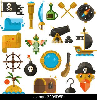 Sea adventure, pirate, weapon, treasure vector flat icons. Colored marine adventure elements, illustration of marine pirate Stock Vector