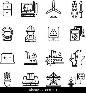 Electricity industry, electrical engineering vector line icons. Energy power electrical industry, building electrical station illustration Stock Vector