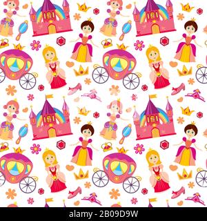 Beautiful princess vector seamless pattern, magic background for girls with princess medieval castle abd colored flower illustration Stock Vector